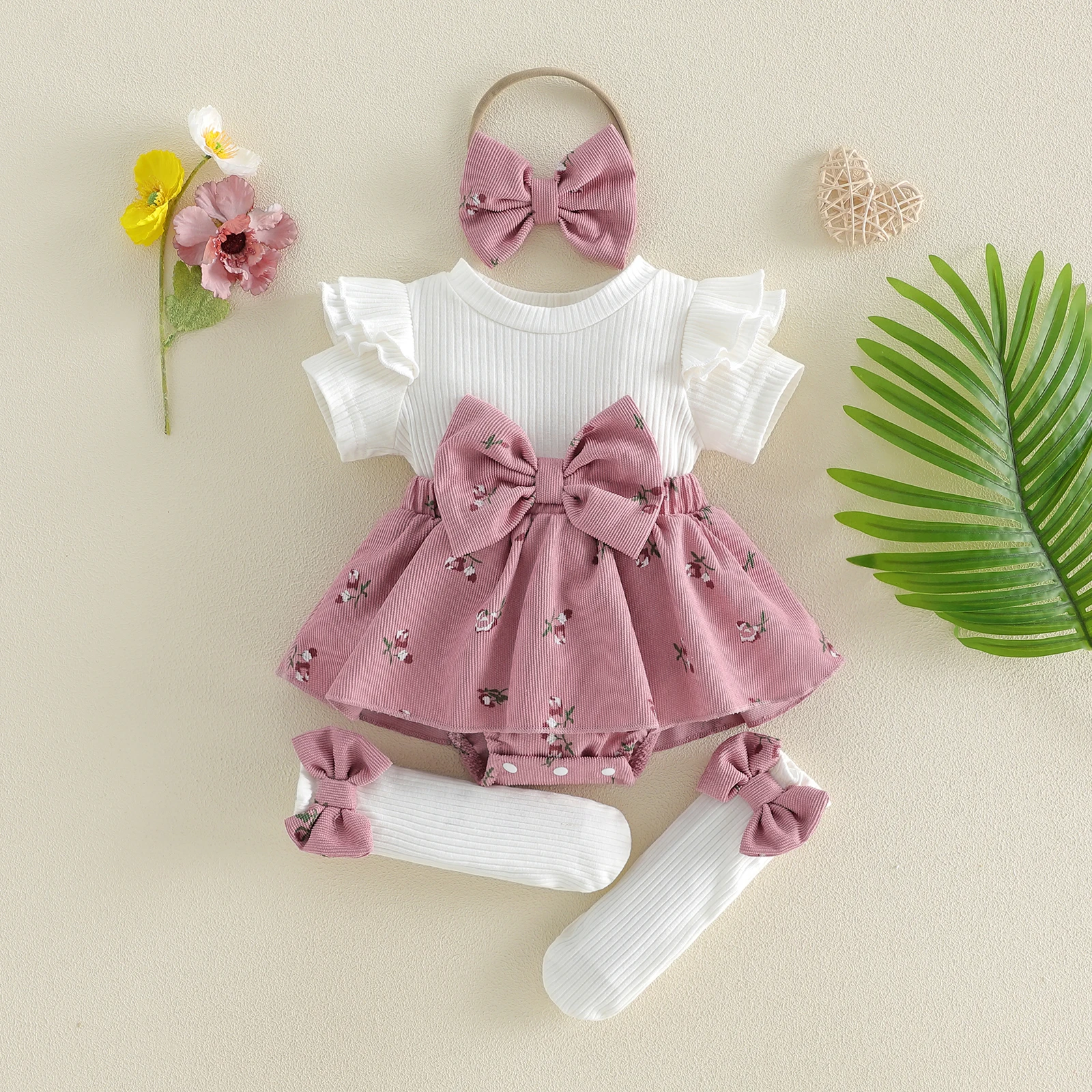 Baby Girls Summer Autumn Outfits Short Sleeve Skirt Romper Long Socks Headband Set Newborn Baby Patchwork Bow Bodysuits