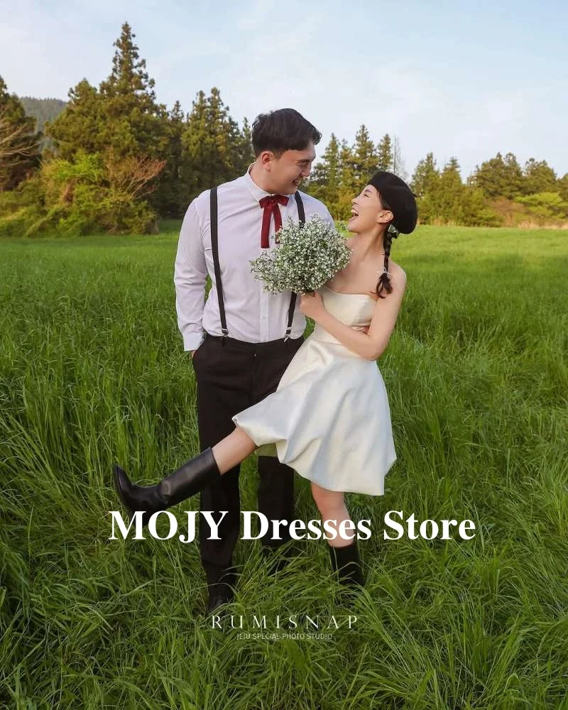 Mojy Мини Простые Короткие Свадебные Платья Корея Фотосессия Без Бретелек Принцесса Пляжные Свадебные Платья Формальный День Рождения Индивидуальные