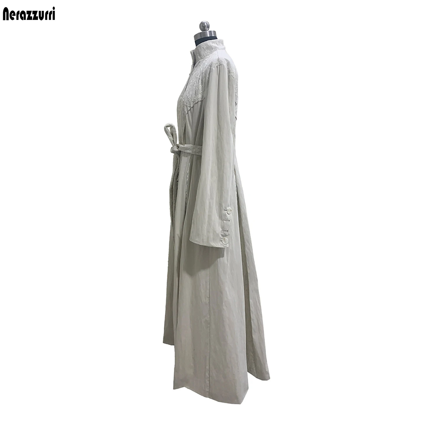 Nerazzurri Autumn Extra Long Lace Patchwork Trench Coat for Women Elegant Luxury Fit and Flare Chinese Style Clothes Overcoat