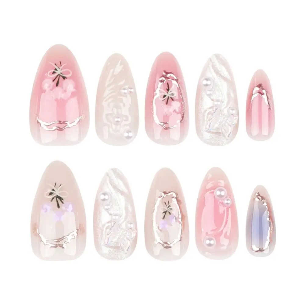 24pcs Long Almond False Nails Ballerina Stained Love Butterfly Flame Fake Nials Detachable Stiletto Press on Nails Women