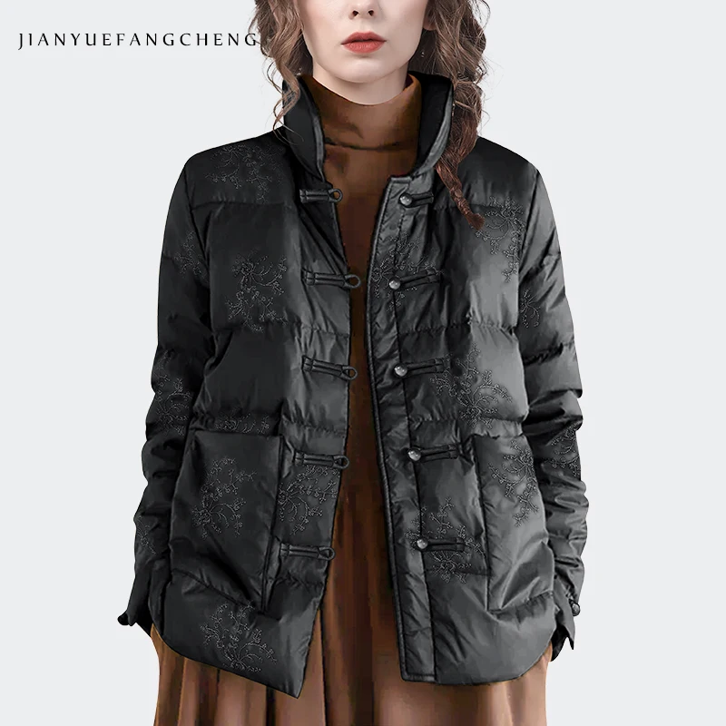 Vintage Disc Buckle Women\' Embroidered Down Jacket Loose-Fittng Solid Color Stand-up Collar Female Winter Parkas Duck Down Coat