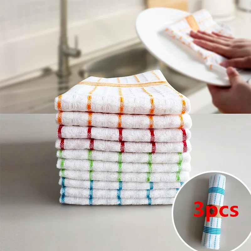 

3Pcs/set 30x30cm Square Cotton Waffle Towels Striped Home Kitchen Scouring Pad Dishcloth Cleaning Cloth