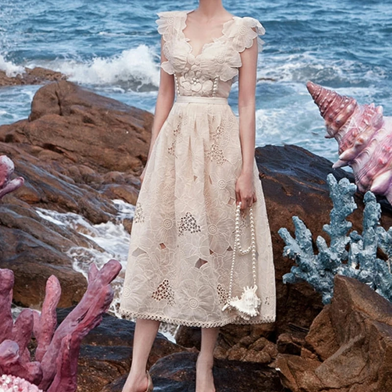 

Sleeveless Vintage Elegant Fall Woman Dresses for Women Party 2022 A-Line Runway Luxury High Waist Lace Embroidery Boho Dress