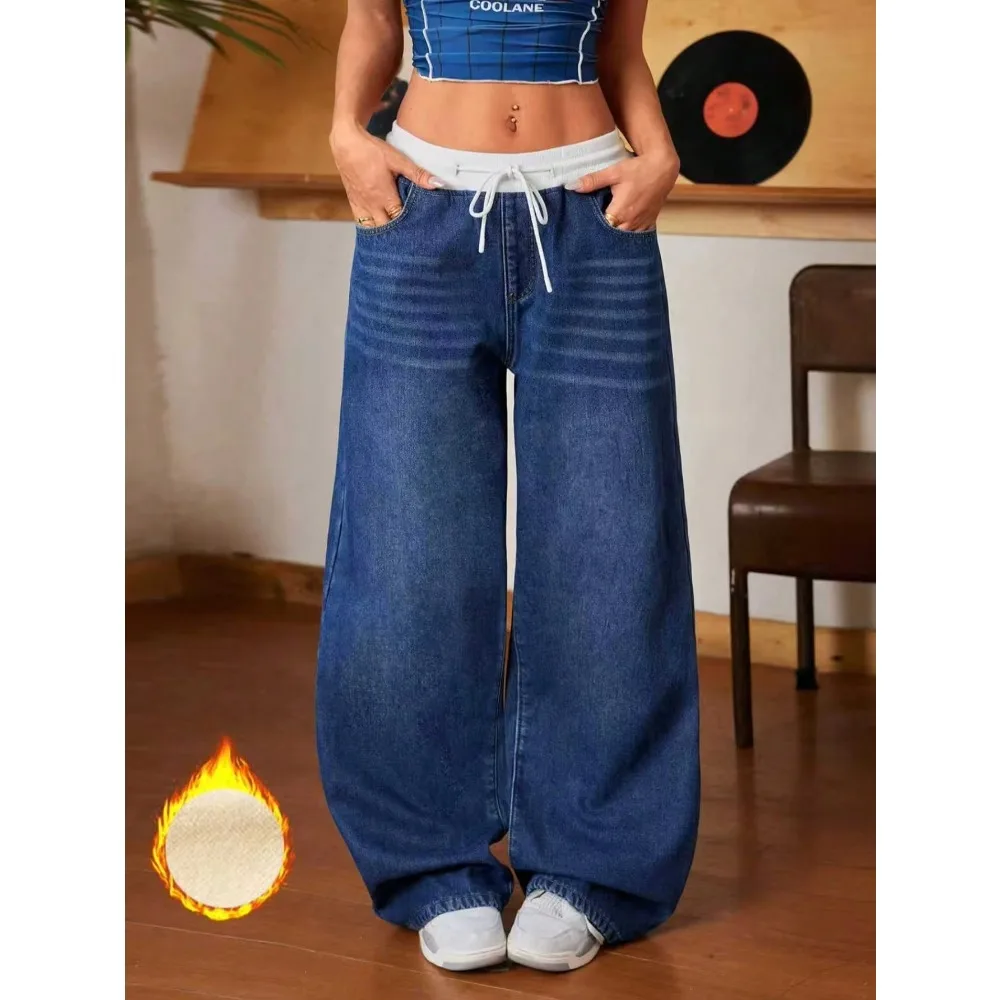 American-style Retro Thicken Warm Women's Jeans Elastic Waist Drawstring Casual Stretchy Wide Leg Denim Pants Suitable Trousers