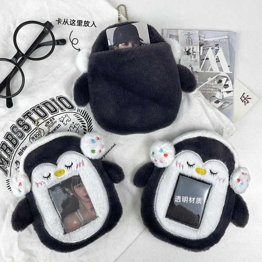 

Kawaii Plush Penguin 3 inch Kpop Photocard Holder Furry Photo Card Holder Bag Pendant School Stationery