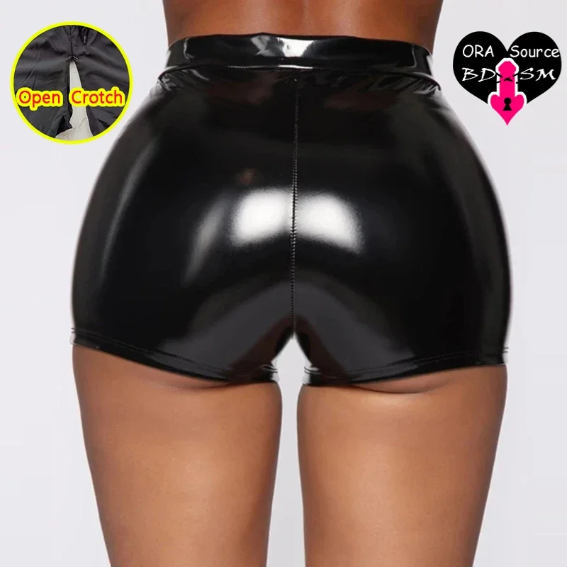 Frauen Flash Leder Mini-Hose mit offenem Schritt drücken enge sexy Schritt lose Shorts mit verstecktem Reiß verschluss heißen erotischen Latex mit