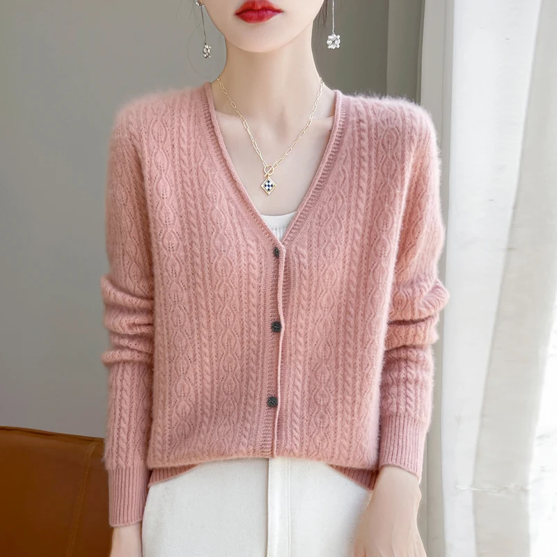 Pure Wool Sweater Cardigan Women Clothe V-neck Sweater Hollow Out Female Long Sleeve Top Autumn Winter Knit Curling Edge Sweater