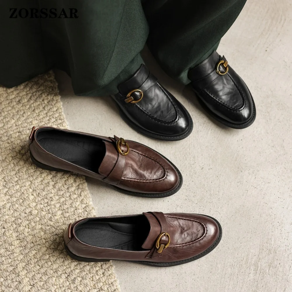 

Женские лоферы с металлической пряжкой, из натуральной кожи, без застежек, элегантные, винтажные, для офиса и повседневной носки, коричневые, черные