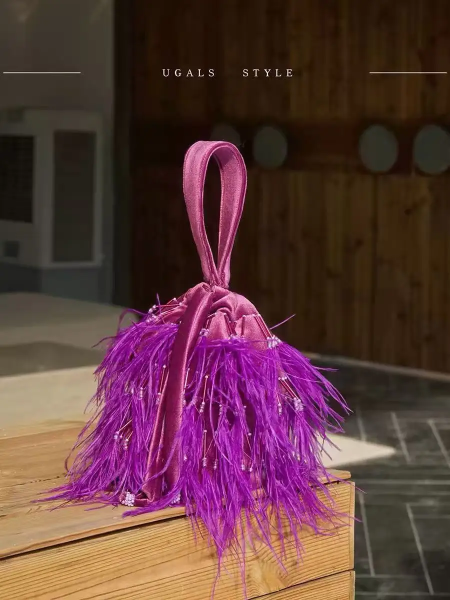 

Модная сумка-хобо из страусиных перьев, роскошная бархатная женская сумка с бисером и кисточками, ручной работы, клатч для свадьбы, вечеринки, банкета