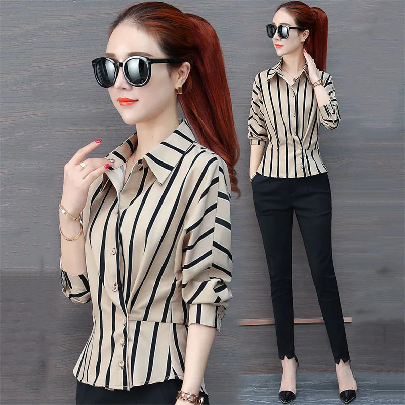 2024 Spring Summer Long Sleeve New Fashion Striped Shirt Asymmetrical Button Elegant Lady Slim Commuter Turn-down Collar Blouses