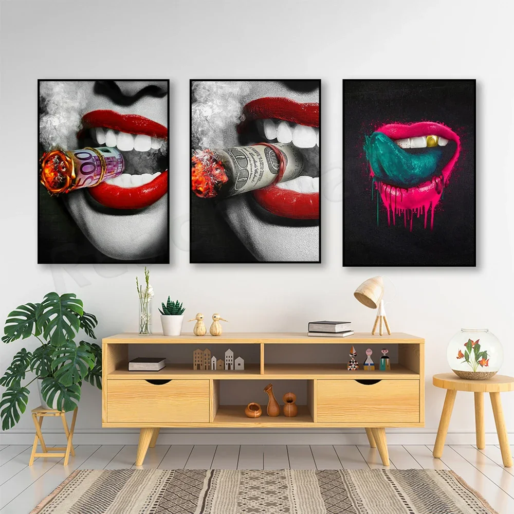 Smoking woman poster, red lips money cigar canvas unique design wall art print, lady lips, smoking woman room decor,