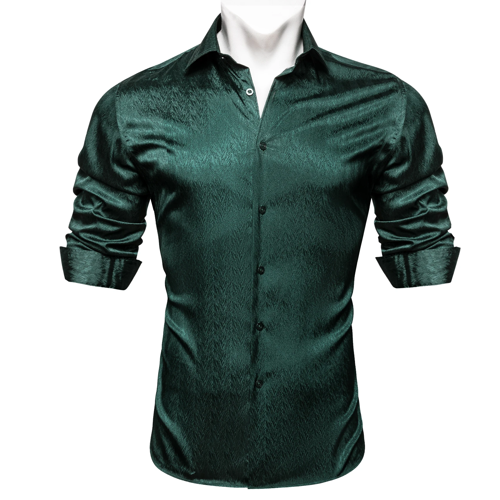 New Luxury Green Solid Shirt for Men Silk Polyester Long Sleeve Social Dress Shirt Wedding Party Men Cloth Autumn Spring Blouse