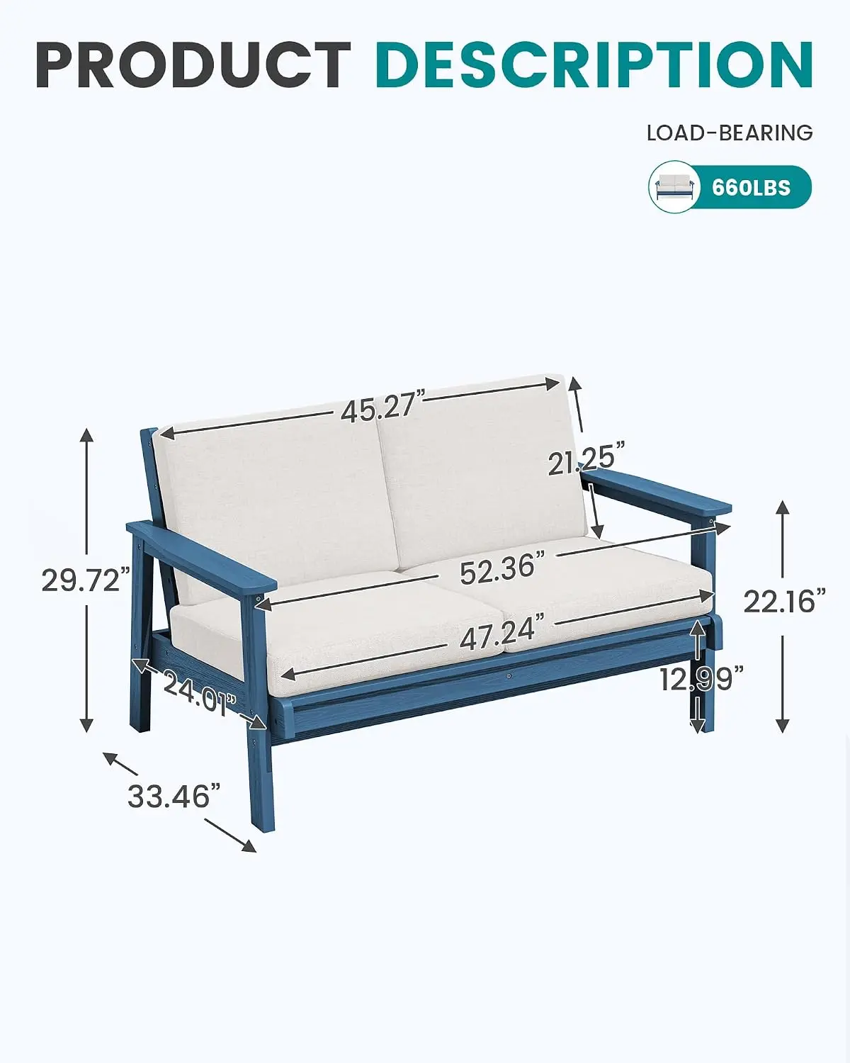 Outdoor Loveseat Patio Furniture Set All Weather Heavy Duty Weatherproof Wood Texture Frame Splash proof Thick Cushions Blu