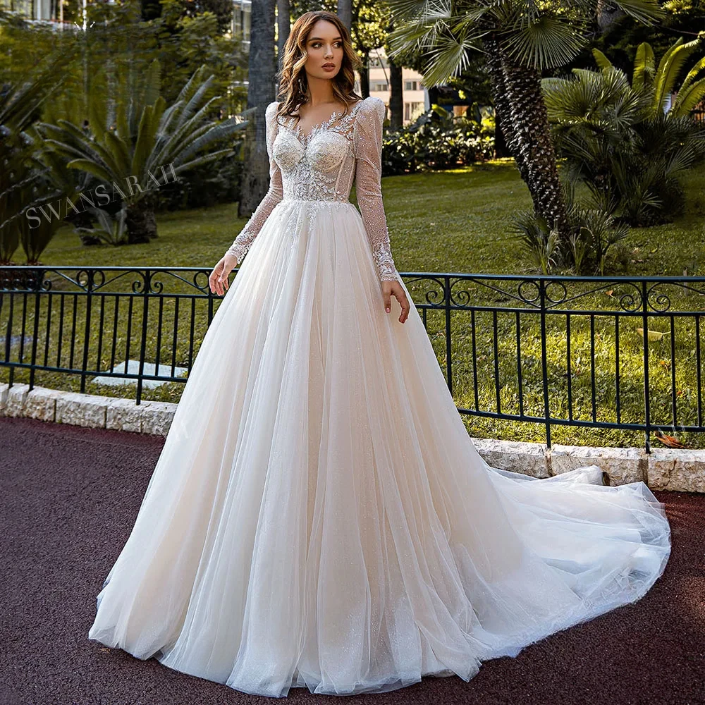 

Sweetheart Shiny Wedding Dress Long Sleeve Beading A-E Court Train Princess Vestido De Novia Swansarah Bride Gown