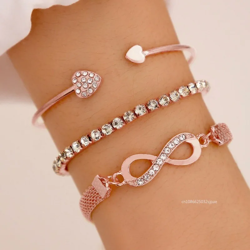3PCS/Set Love Opening Drill Bracelet for Women Simple Crystal Zircon Lucky 8 Bracelet Fashion Thick Punk Chain Jewelry Gifts