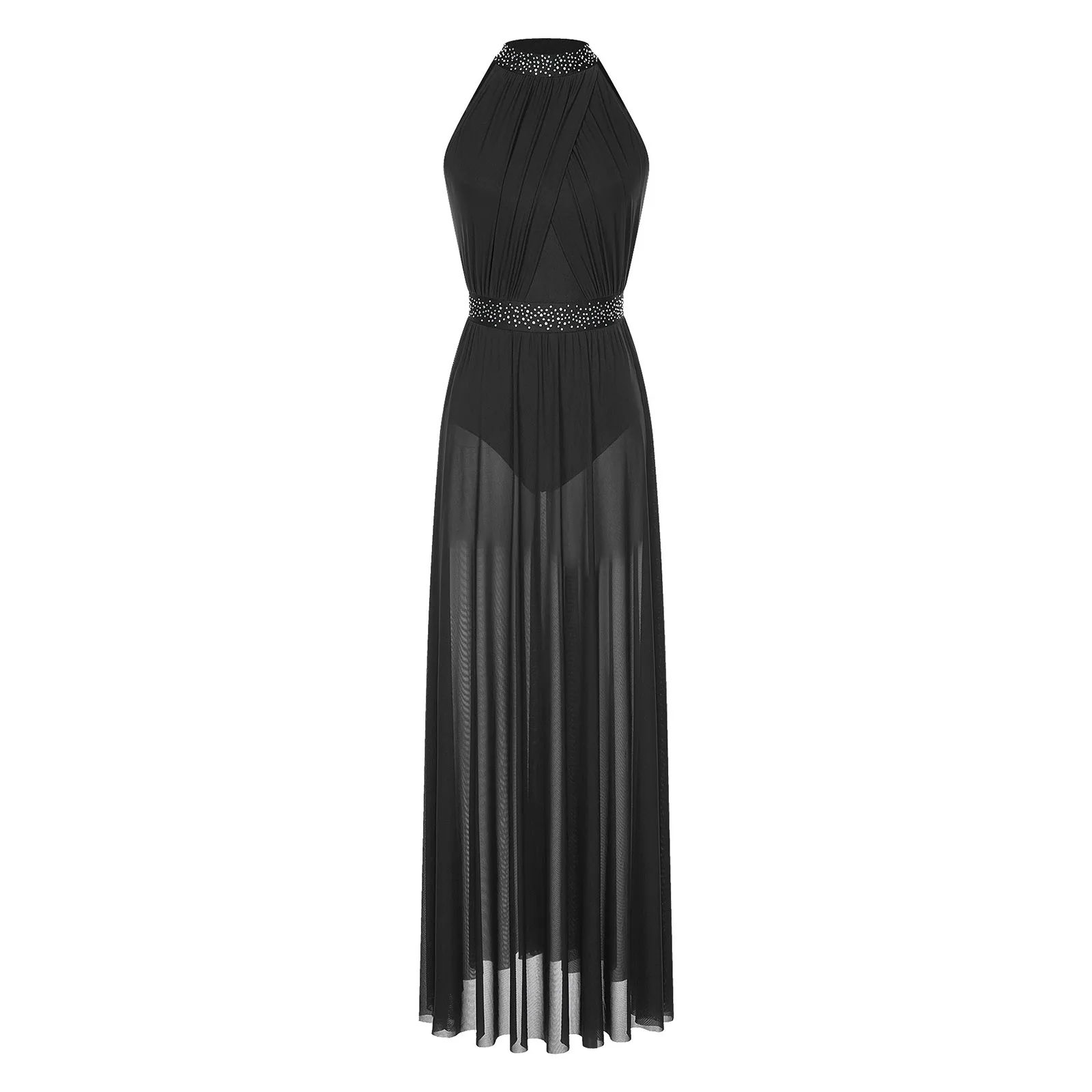 Damen-Kleid mit glänzenden Strasssteinen, für Gymnastik, künstlerisches Eiskunstlaufkleid, seitlich geteiltes Netz, Walzer, Tango, Ballett, lyrischer Tanz, Maxikleid