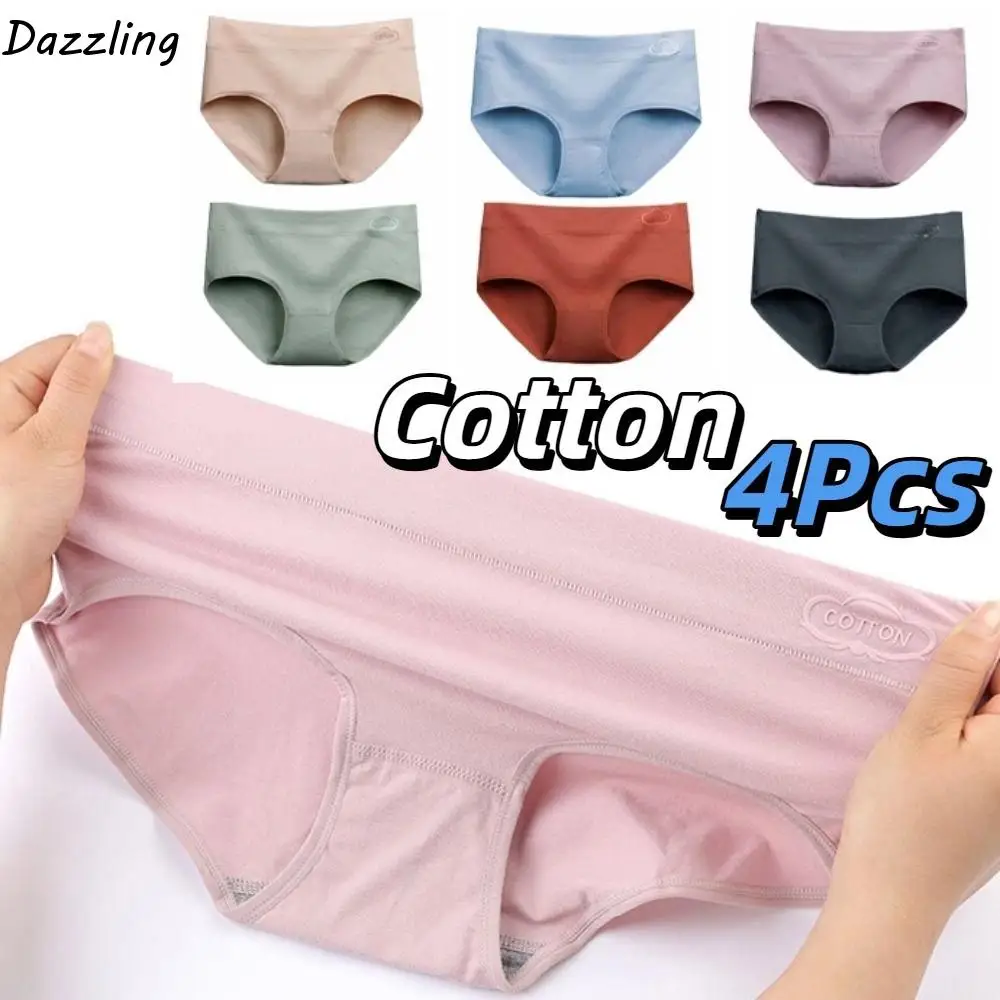 

4pcs Simple Solid Color Cotton Panties Underpants Seamless Women Underwear Lingerie Mid Waist Briefs Girl