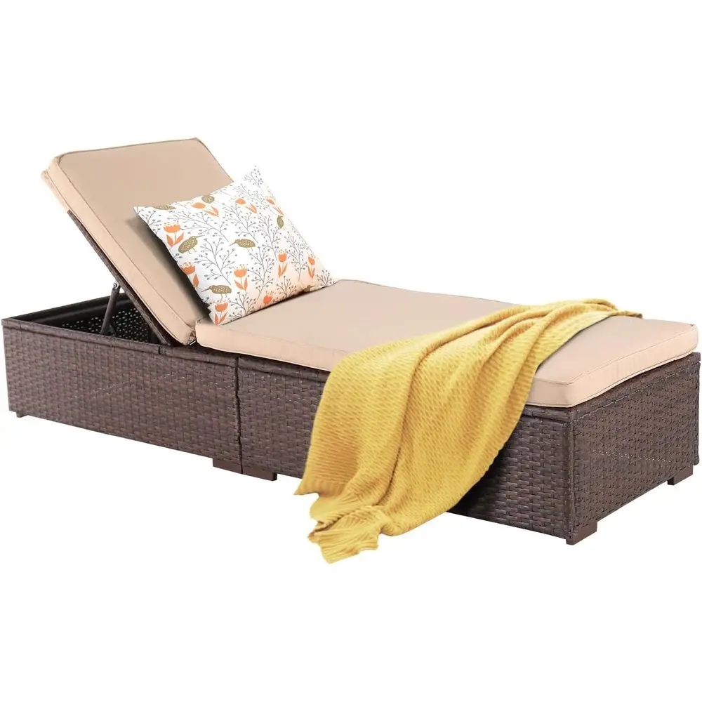 

Коричневый уличный шезлонг из ротанга с регулируемой спинкой, чехлом от непогоды и съемной подушкой (бежевый)