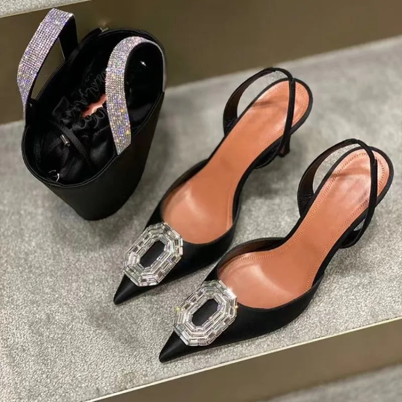 2024 Pointy Head Shallow Mouth Large Size Rhinestone Sandals Fashion Everything French Sexy High Heels Women\'s Shoes