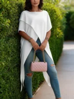 Ladies Elegant White Blouse Batwing Sleeve Asymmetrical Hem Loose Fit Tunic - Image 3