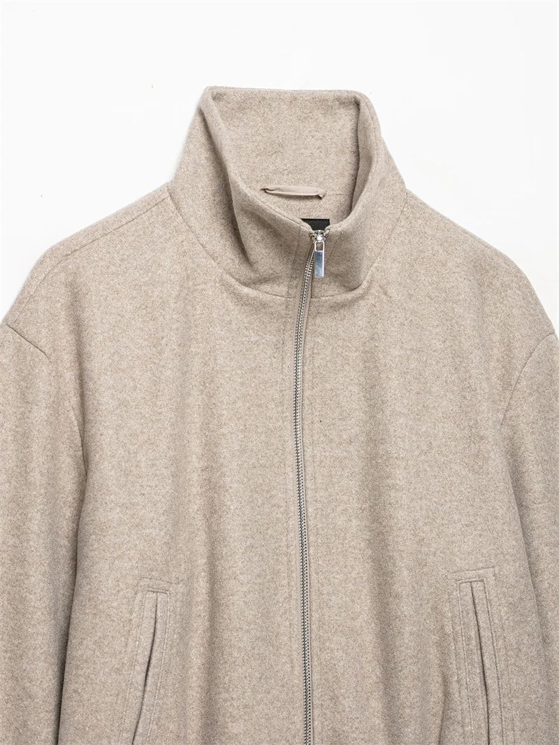 Guobioziy 2026 Spring Autumn Stand Collar Zip Up Jacket Cropped Length Lantern Sleeve Side Pockets Loose Daily Casual Outer Coat