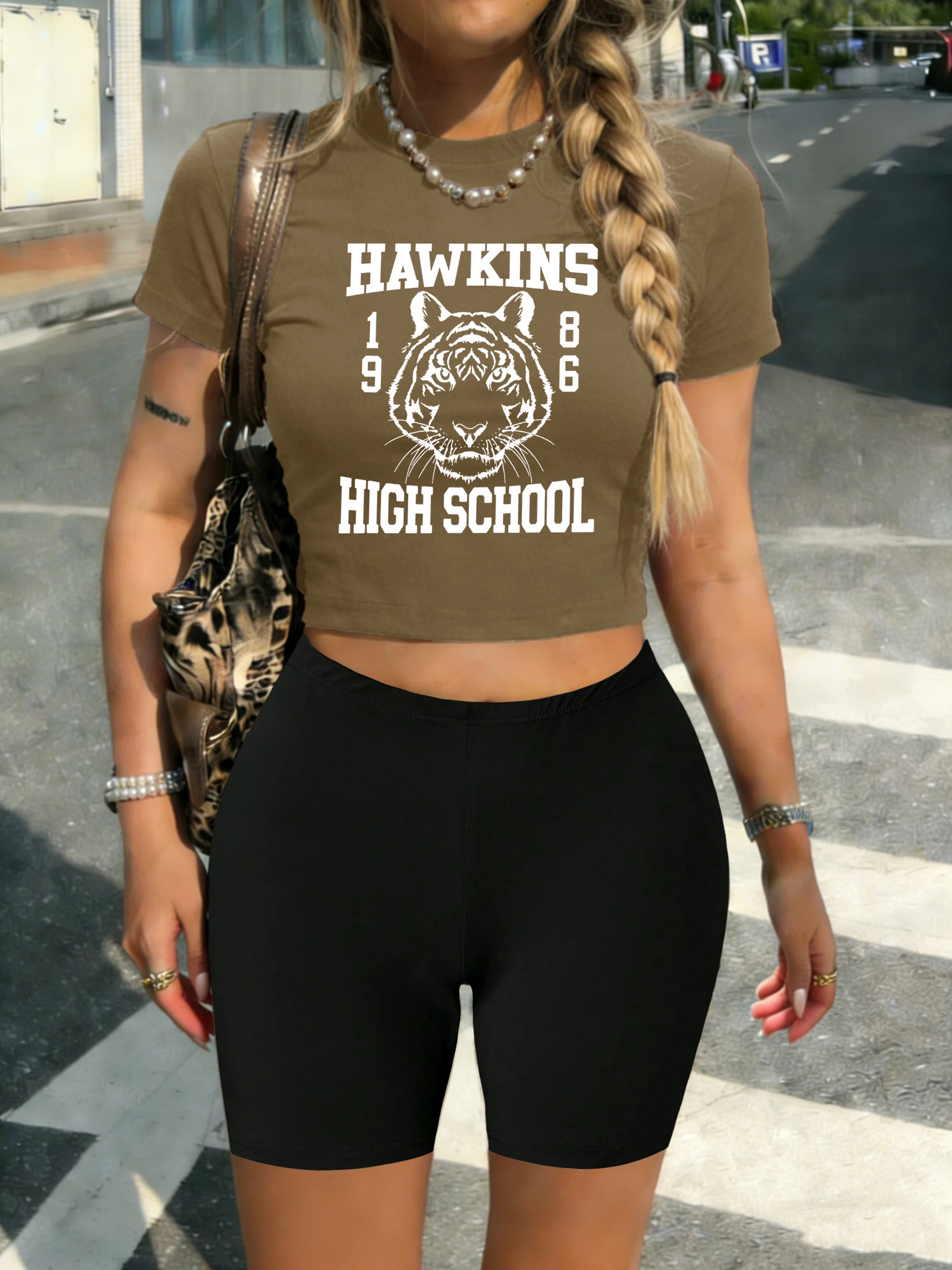

Hawkins High School 1986 Printed Women Stretch T-Shirt Casual Slim Soft Crop Tops Sport Fashion Pant Fitness Summer Shorts Set
