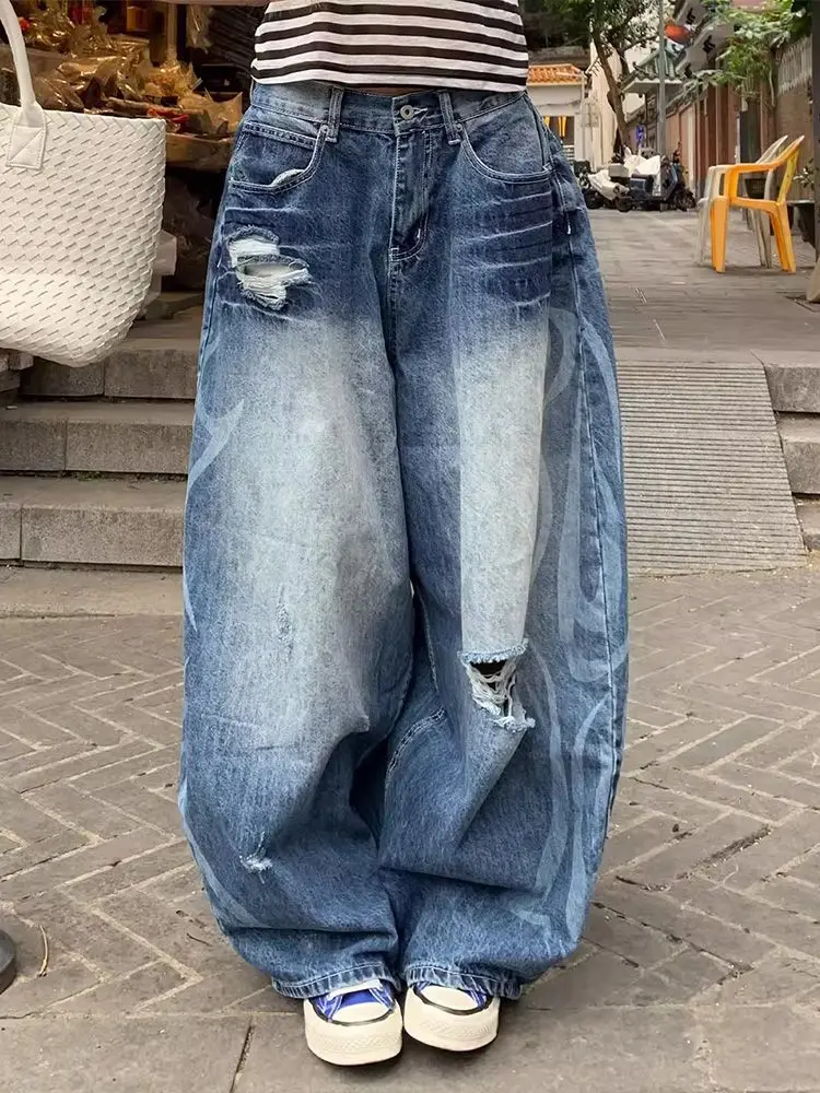 

Женские джинсы с принтом в стиле Spicy Girl, новинка весеннего сезона, с оригинальным дизайном, в стиле High Street, с дырками, широкие брюки с индивидуальным характером