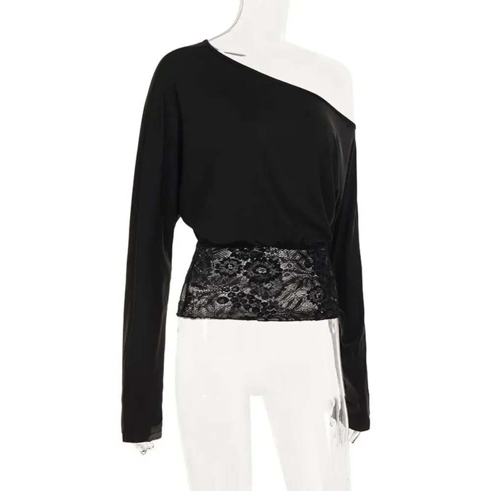 

Chic Off-Shoulder Lace Patchwork Top Lace-Trimmed See Through Fabric Lace Blouse Long Sleeve Irregular Women Tops Party Evening