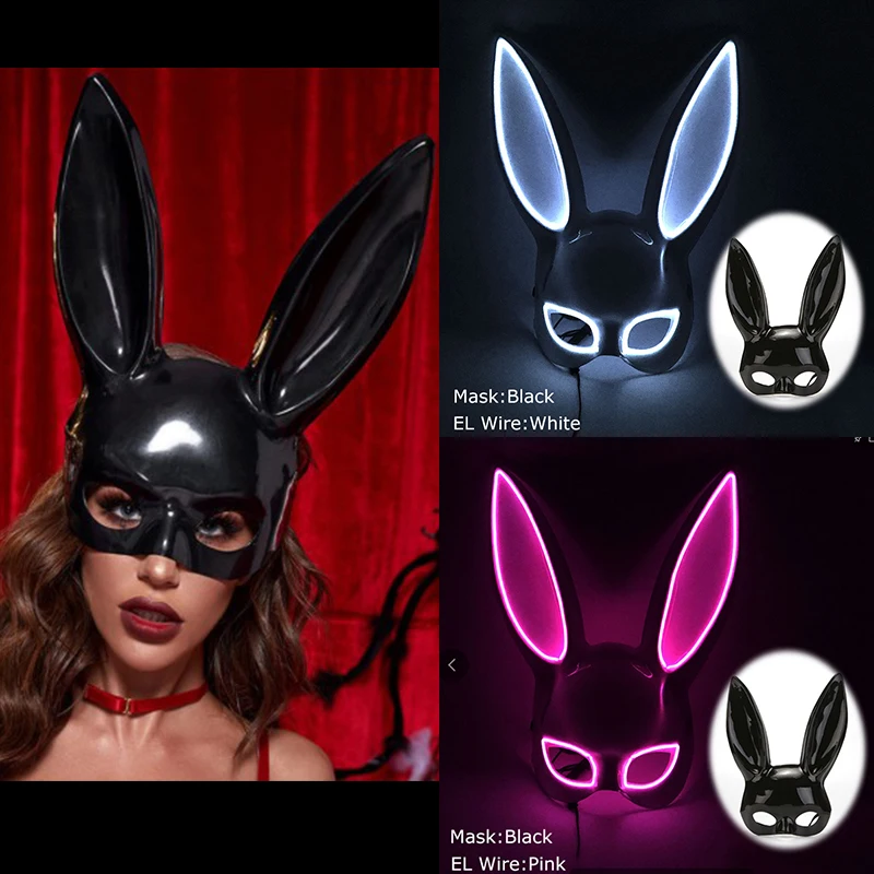 Masque lapin noir Sexy, demi-masque lumineux, masque lapin mignon pour hommes et femmes, costume de serveur de Bar et de discothèque