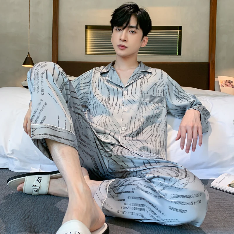 Spring and autumn ice silk pajamas men's long-sleeved imitation silk Internet celebrity thin satin silk summer loungewear suit