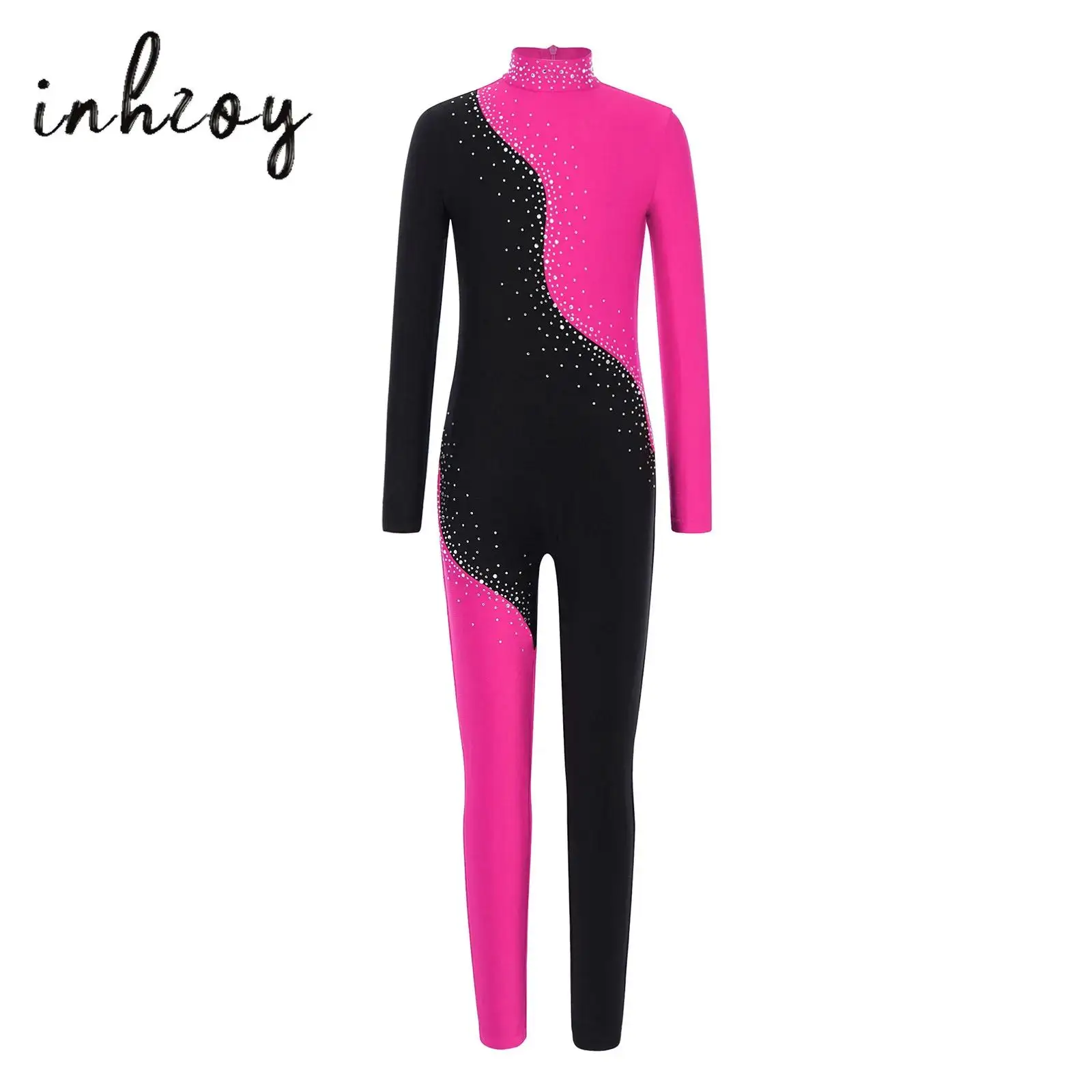 

Kids Girls Gymnastics Jumpsuit Figure Skating Bodysuit Mock Neck Long Sleeve Color Block Shiny Rhinestones Full Body Leotard