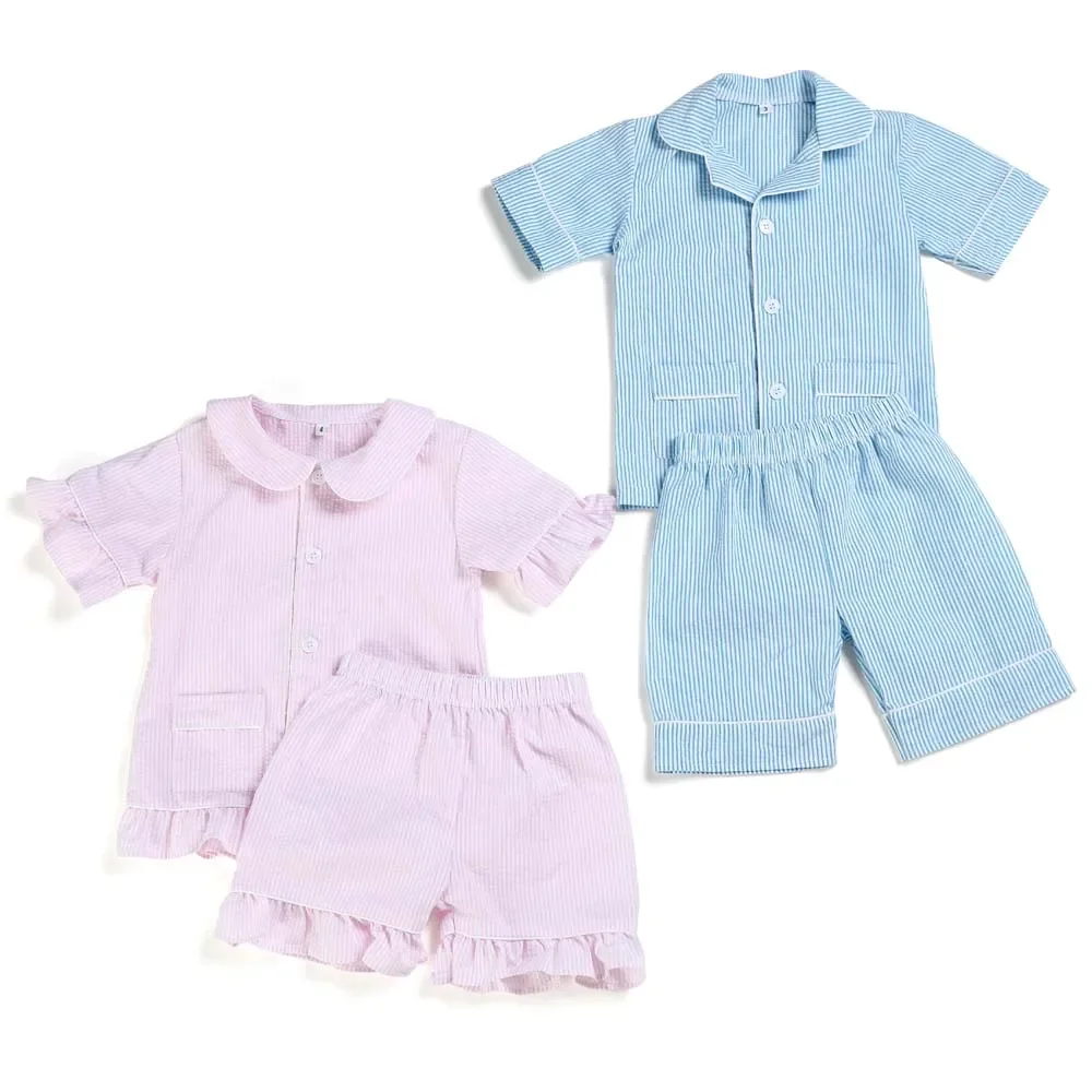 Baby Pyjamas Summer Clothes Gilrs Matching plaid Sleepwear Seersucker Soft Cotton Sibling Outfits Boys Girls Pajamas Sets 2