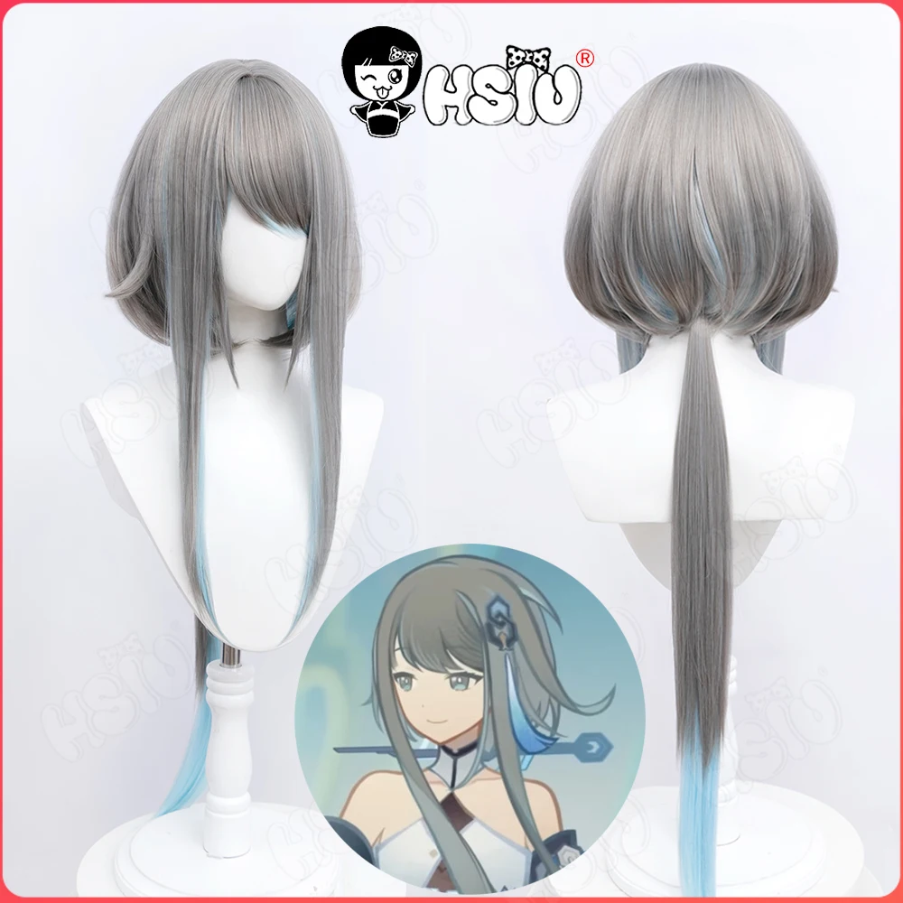 

Guizhong Cosplay Wig Game Genshin Impact Cosplay HSIU 90cm Light gray gradient blue ponytail long hair Synthetic Wig+Wig Cap