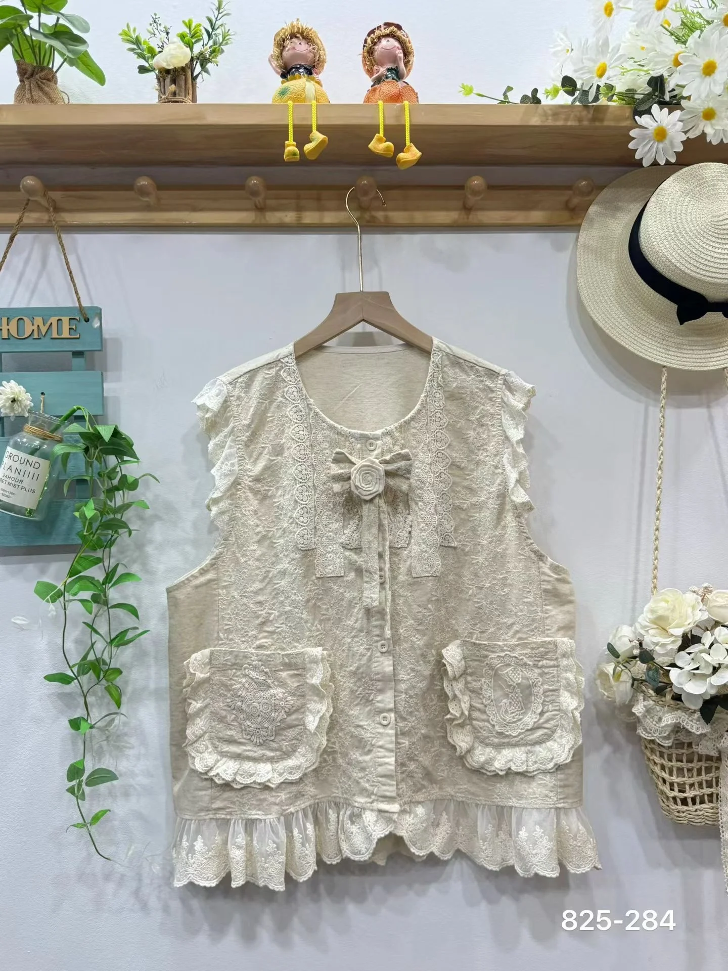 

Rustic Art Sweet Lace Splicing 3D Flower Svel Vest Loose Heavy Embroidery Casual Versatile oulder Pad Women's Top