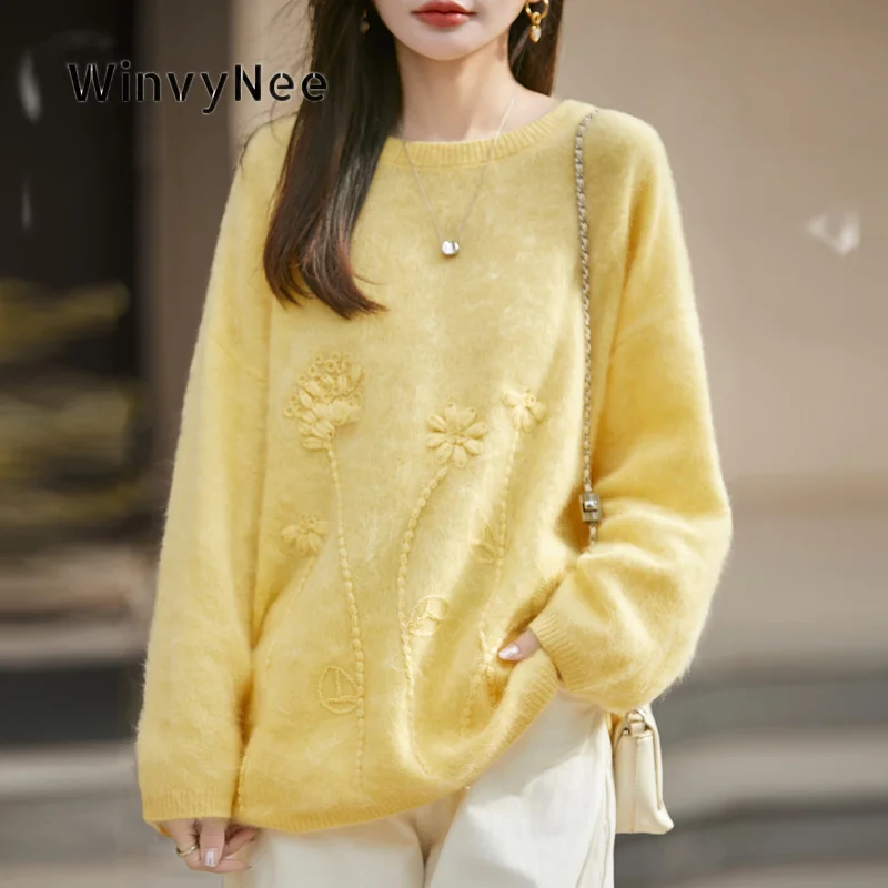 WinvyNee Women Knit Top Cashmere Textured Motif Wide Cuff Brushed Fabric Baggy Silhouette Leisure Garment Coastal Vibe A1743005