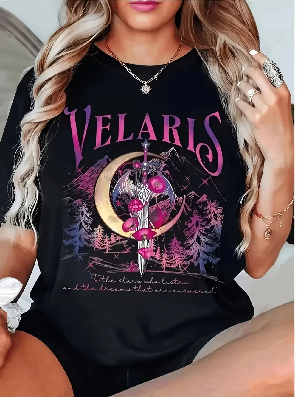 Women'S Velaris Moon and Sword Fantasy Pattern T-Shirt Graphic Short Sleeve Men's T-shirts for Summer Unisex All-Season