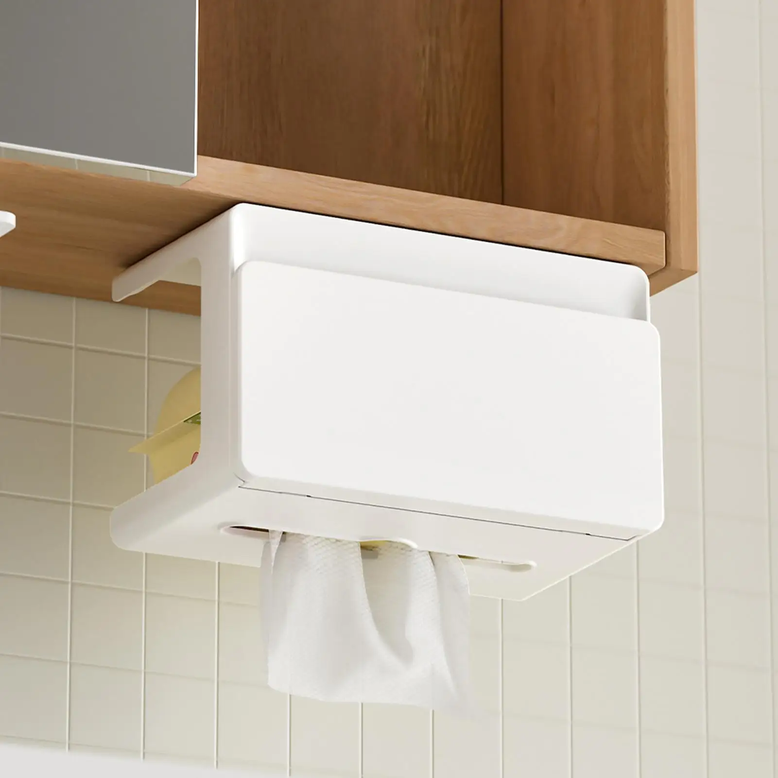 Tissue Box Holder Foldable No-Drill with Tray Space-Saving Storage Bathroom Tissue Box Cover for Shower Kitchen Mirror Cabinet