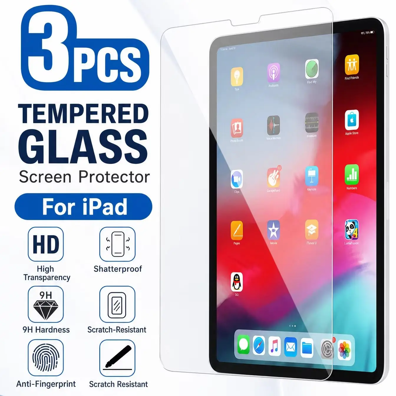 3Pcs Tempered Glass Film For Apple iPad 10th 9th 8th 7th Mini 6 5 4 3 For Apple iPad Air 5 4 3 Pro 11 2025 2024 2022