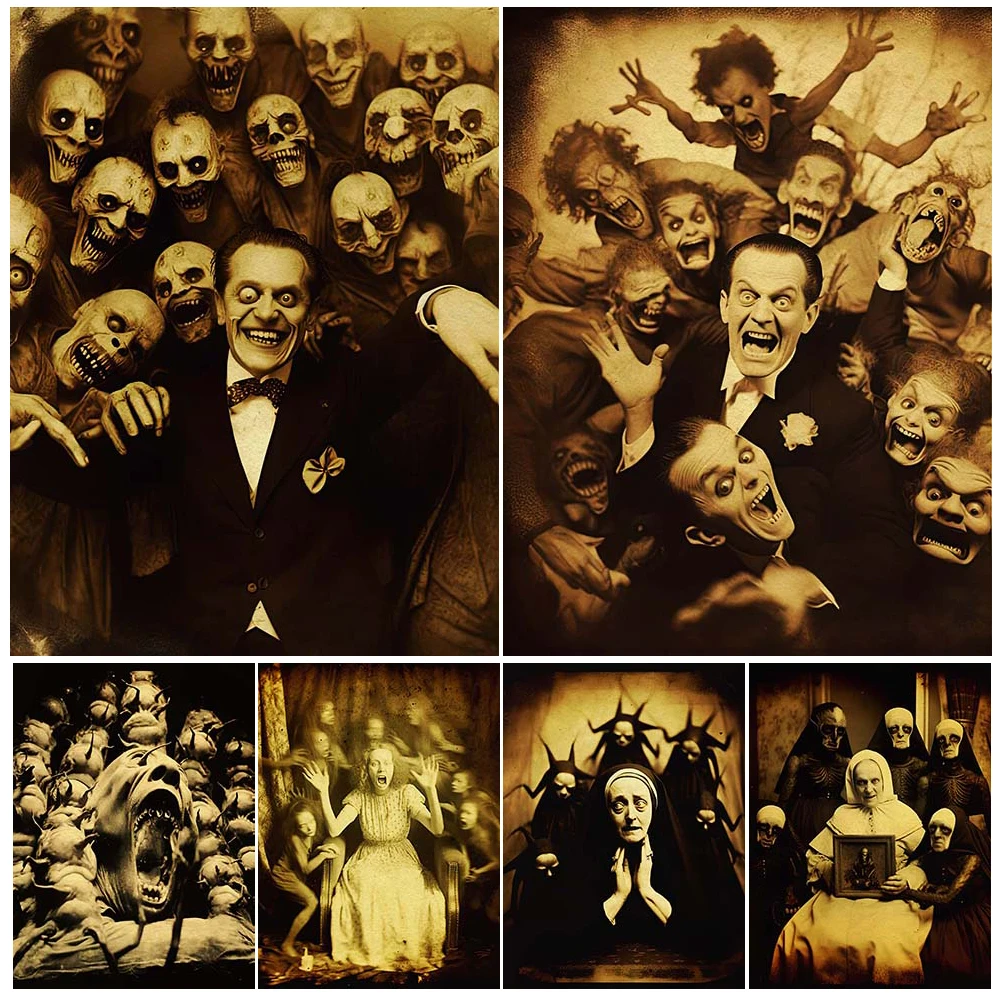 Creepy Nun Photo, Black And White Satanic Vintage Wall Art Canvas Painting Macabre Surreal Art Poster And Print Home Decoration