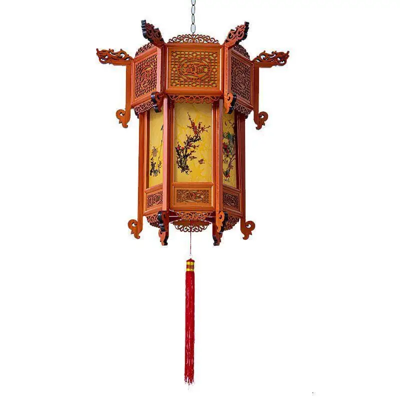 Vintage Chinese New Solid Wood Hexagonal Palace Lamp, Outdoor Balcony, Housewarming Wedding Room