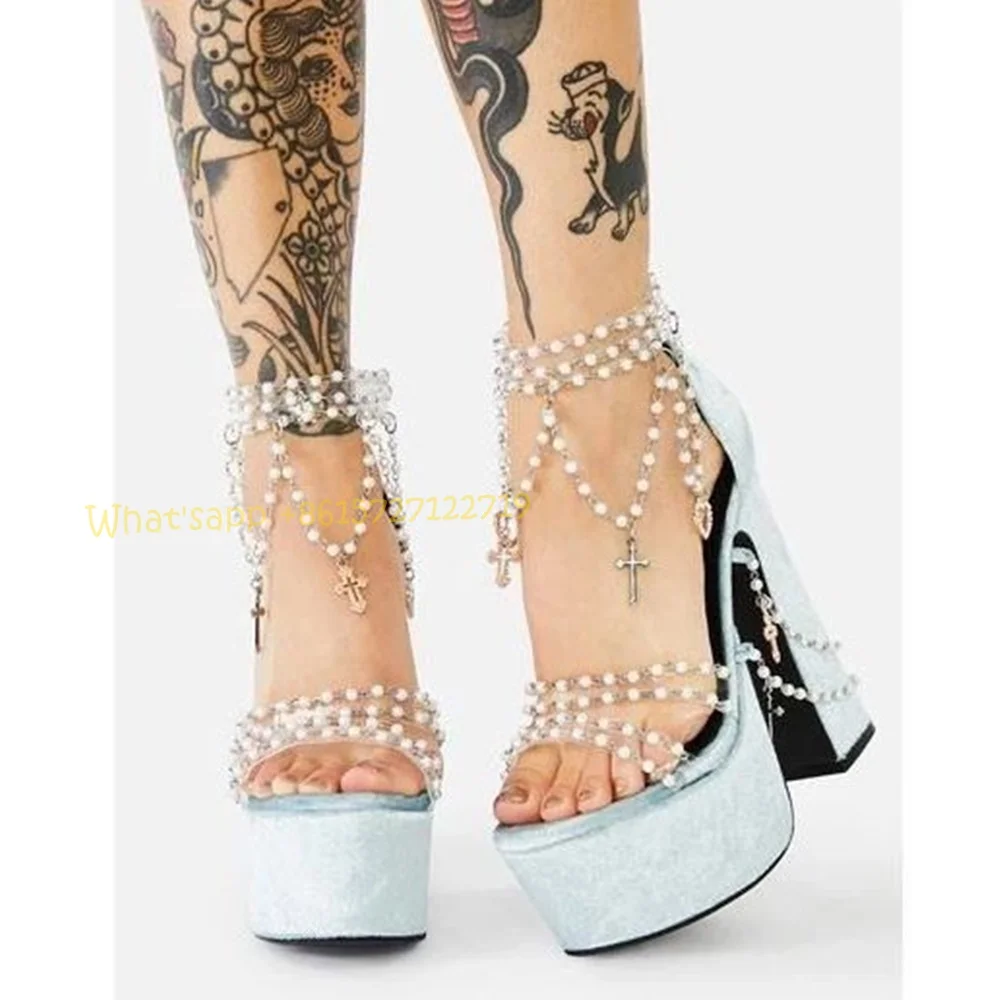 Pearly Blue Platform Heels Suede Sandals Summer Chunky Heels Metal Chain Pink Sandals Sweet Peep Toe Women Party Wedding Shoes