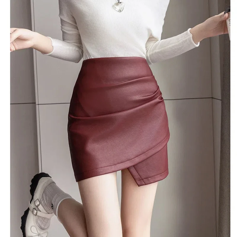 

New Fashion High Waist Irregular Package Hip Skirts Women Autumn Winter PU Leather Skirts Office Lady Elegant Mini Skirt