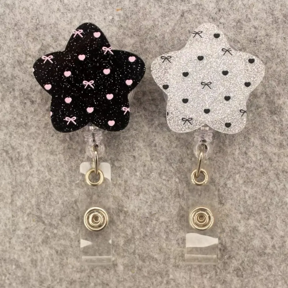 Star Shape Retractable Badge Reel Heart Bow Print Glitter ID Badge Holder Clip Name Card Badge Reel Nurse Doctor Student