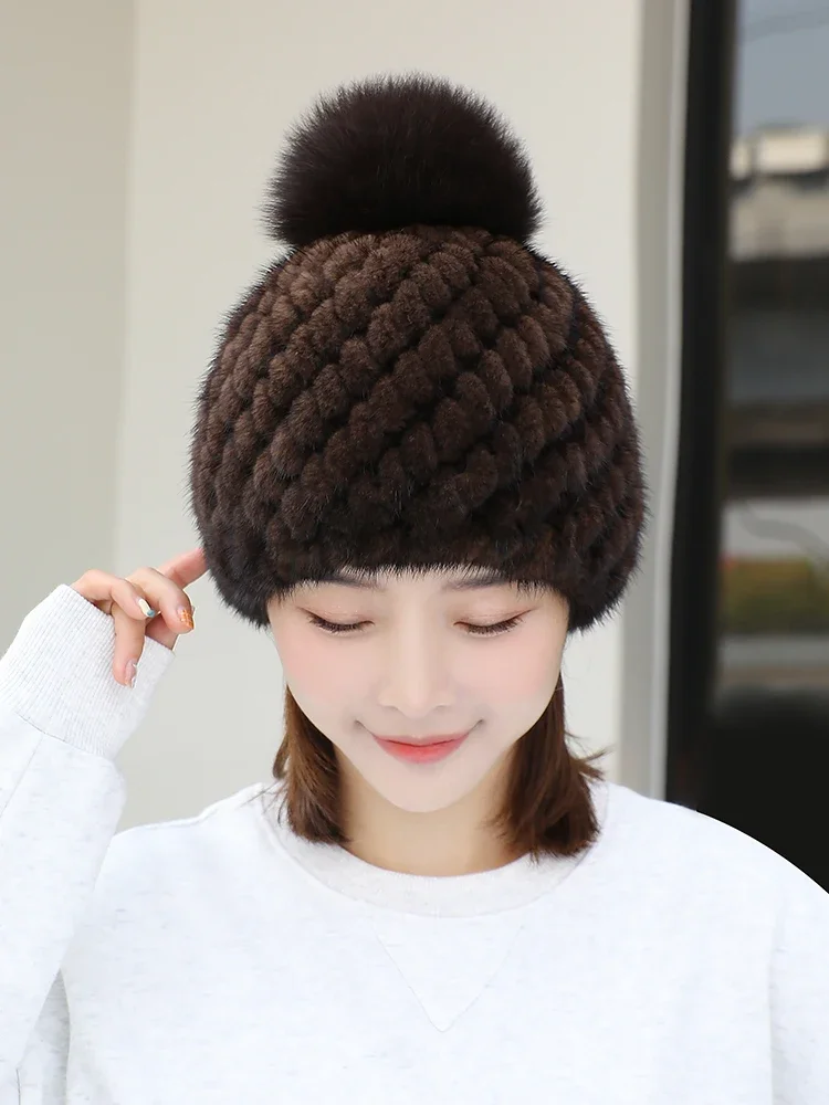 

Real Mink Fur Hat for Women Female Fur Cap Ladies Winter Trapper Knitted Mink Fur Beanie with Fox Fur Pompoms Girls Bonnet Hats