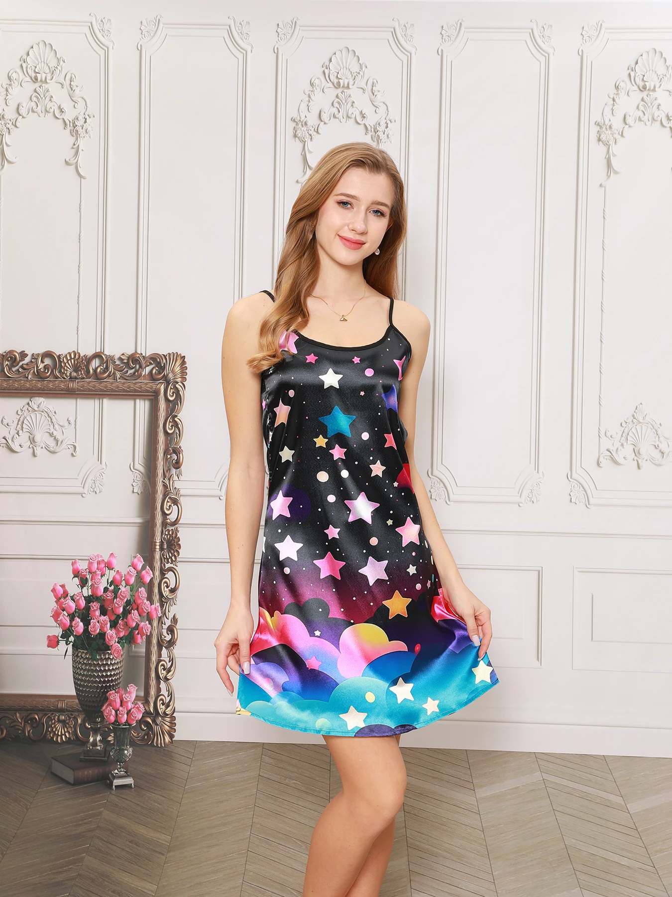 Women\'s New Comfortable Casual Wear Super Soft Micro Elastic Satin Sexy Colored Ding Sling Pajama Starry Sky Print Dress