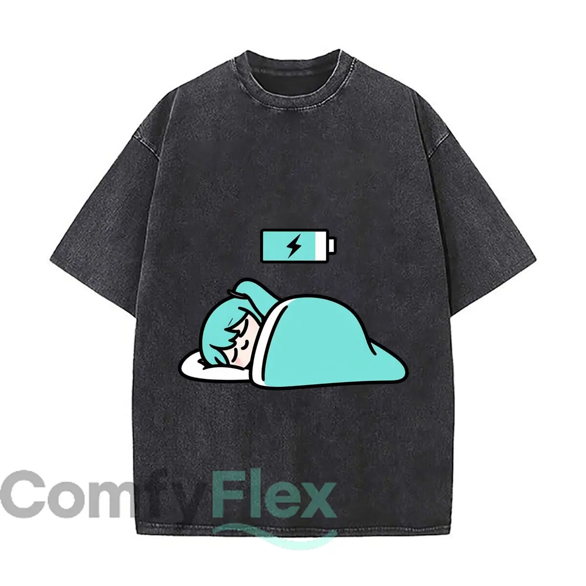 Sleepy Turquoise Haired Anime Girl Battery Energy Illustration Distressed Vintage Oversized Streetwear Tops for Coffee Dates