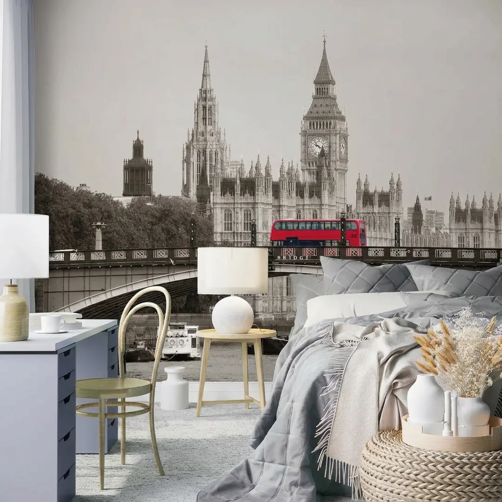 Stone arch bridge with a red double-decker bus on it, background wall for living room and bedroom, self-adhesive material.