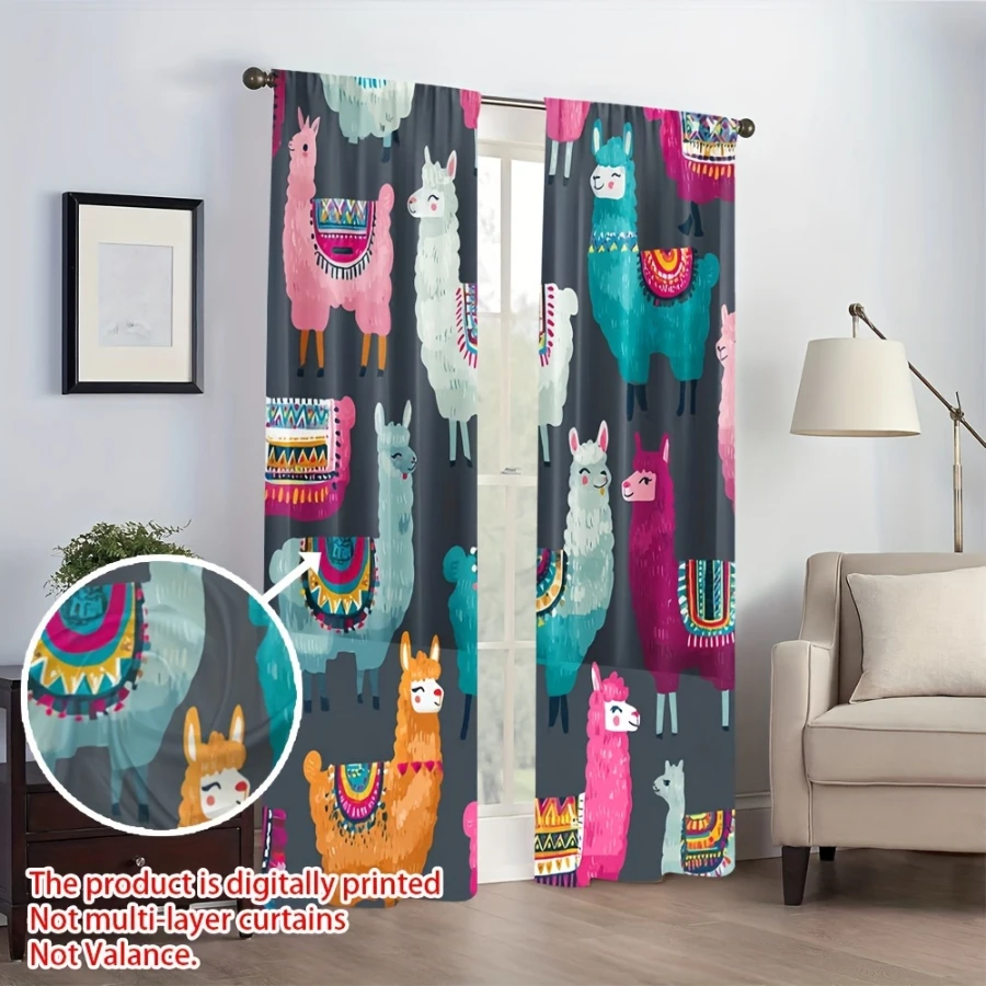 2PCS Digital Print Curtains, Colorful Alpaca, Cute Kids