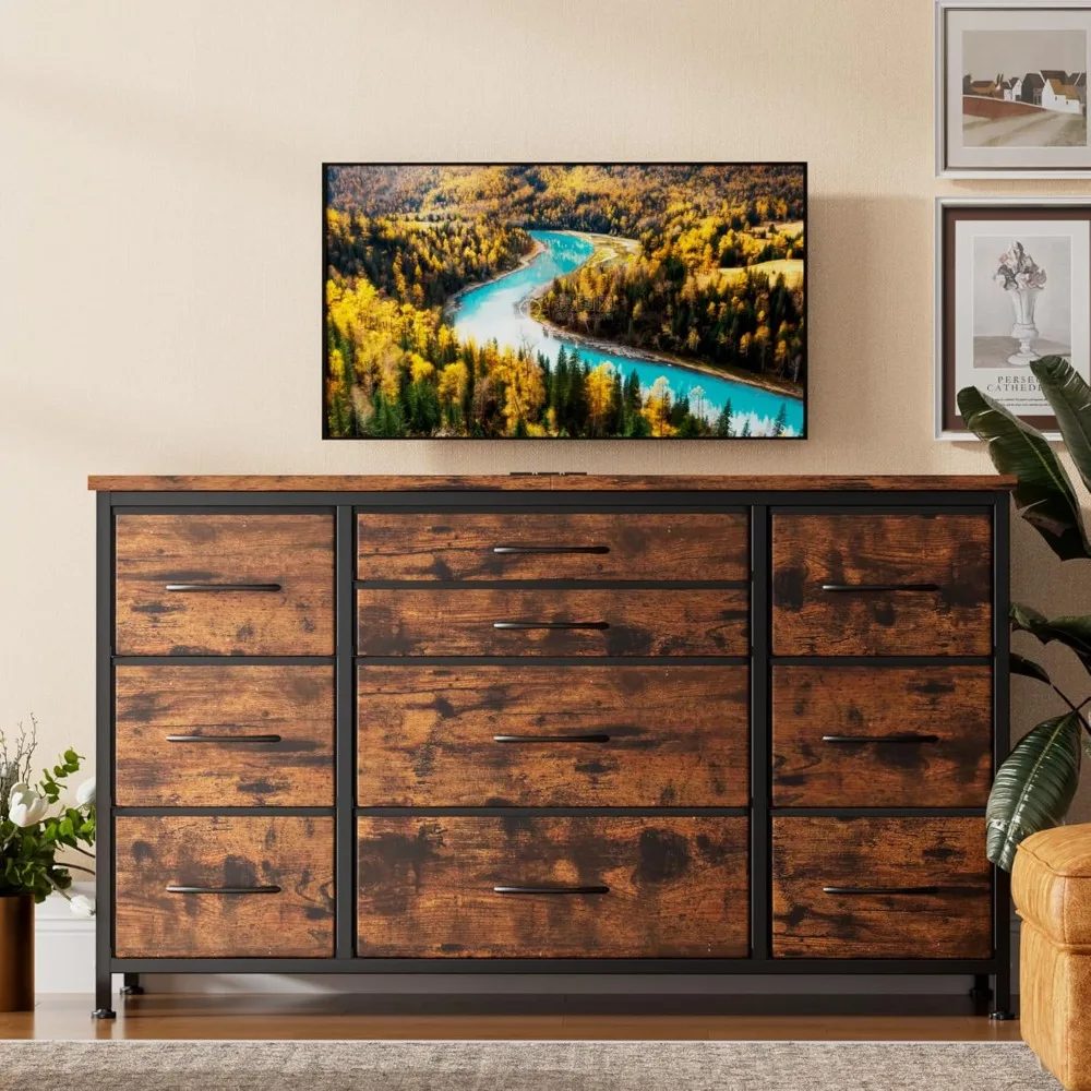 10 Drawer Dresser for Bedroom with Wooden Top, Rustic Brown Tv Stand Dresser with Power Outlet for 55