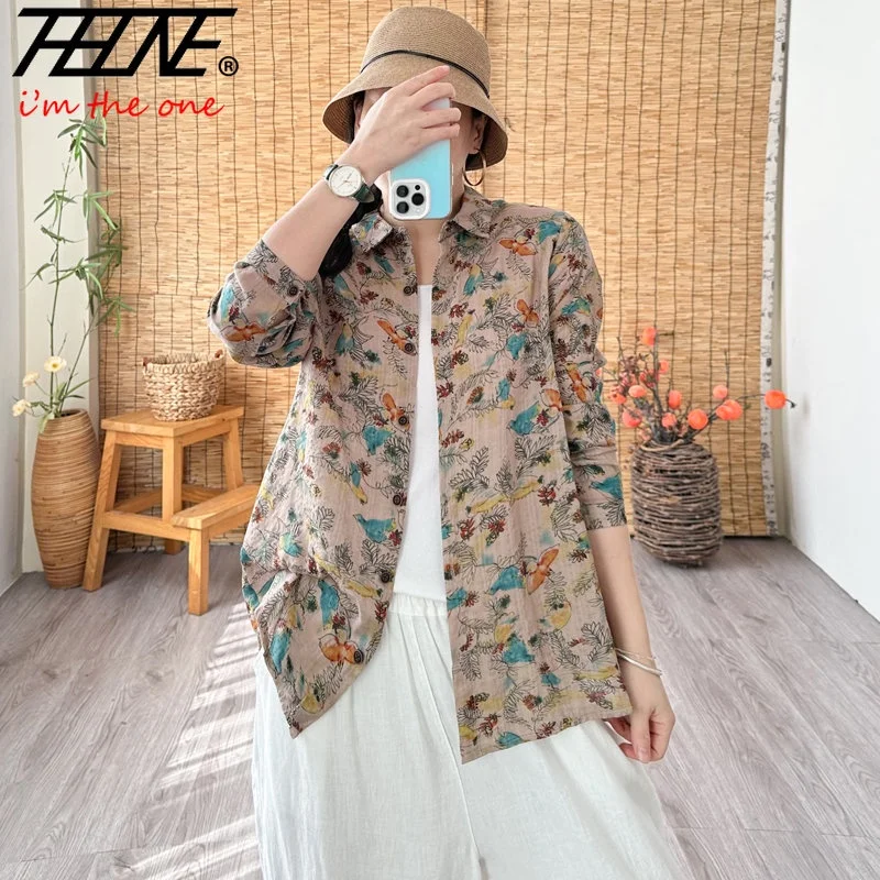 THHONE Women Plus Size New Shirts 2023 Oversized Blouses Korean Style Cotton Linen Printed Shirt Blouse Casual Top Blusas